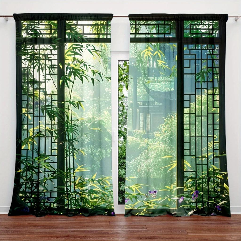 2pcs Verdant Bamboo Curtain  Rod Pocket  Drapes   Privacy Window Treatment   Living Room Decor  Holiday Window Decor   Nature Home De
