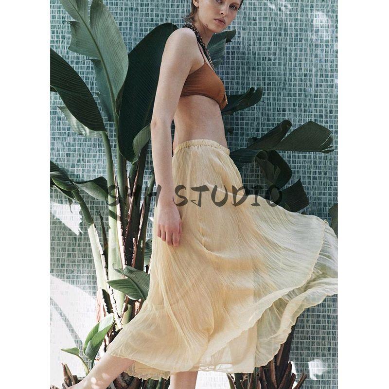 Spring New Women's Clothing Long Asymmetric Hem Mid-Waist Wrinkle Effect Skirt 4786099