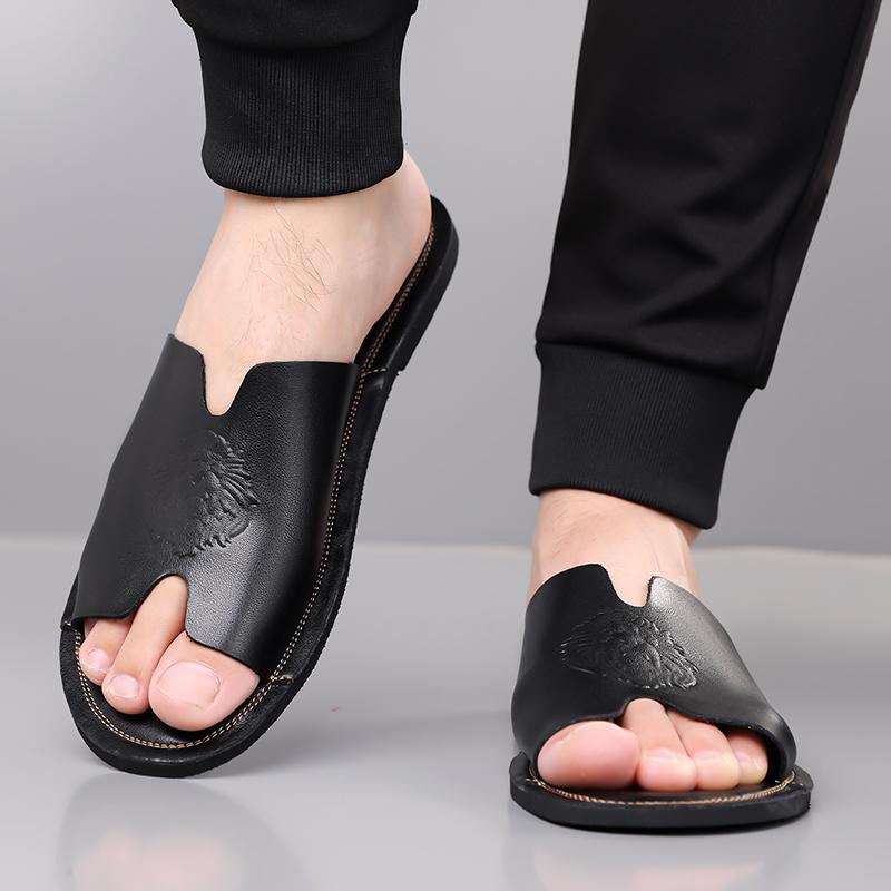 Herren Schwarz Leder Hausschuhe Handgemacht Einfache Flache Schuhe Sommer Orange Römische Sandalen Offene Zehen Strand Schuhe Übergröße