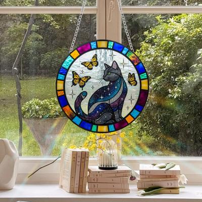 Yousheng Kat Vlinder Zonnevanger Hangende Decoratie Binnen Buiten Huis Tuin Muur Raam Hangend Gebrandschilderd Glas Acryl Ornament Hanger Dierenliefhebbers