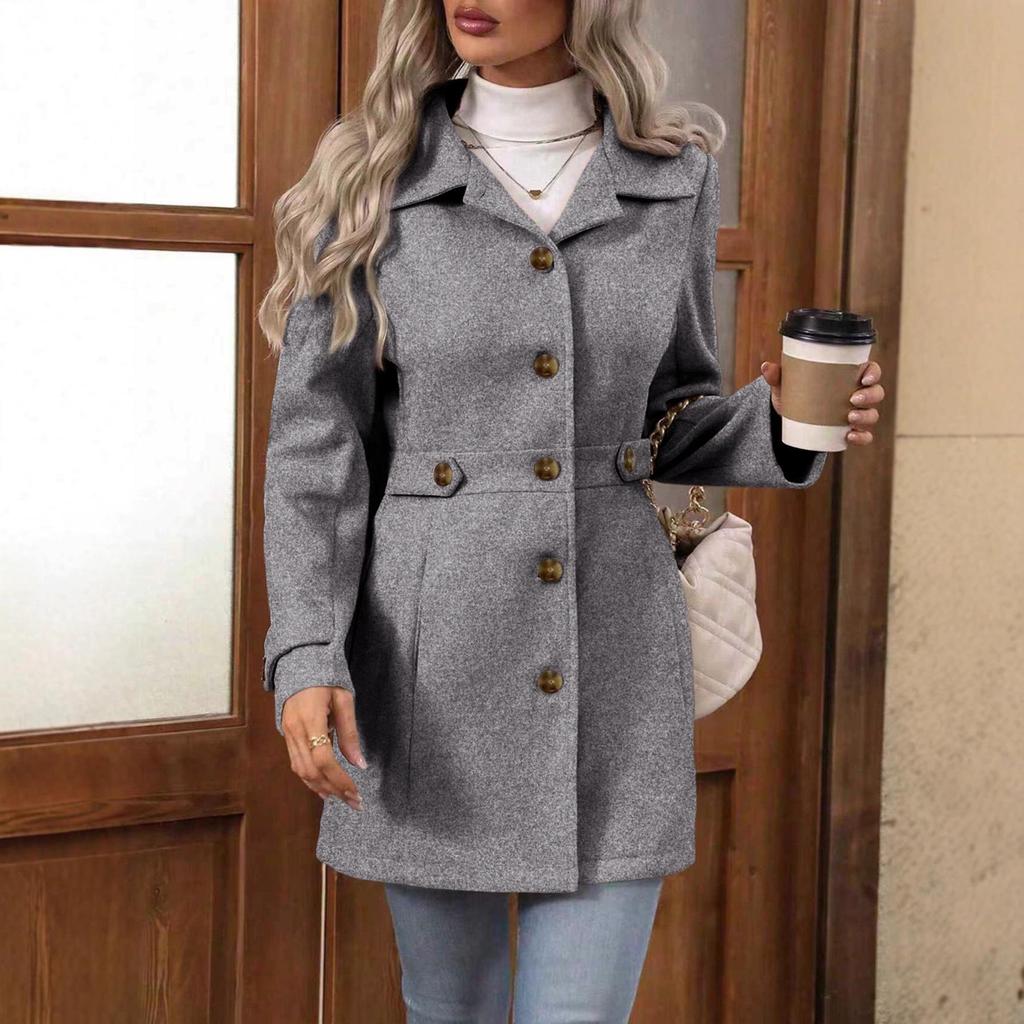 Cross2025 Autumn/Winter Elegant Plus Size Mid-Length Woolen Coat with Lapel and Button Design