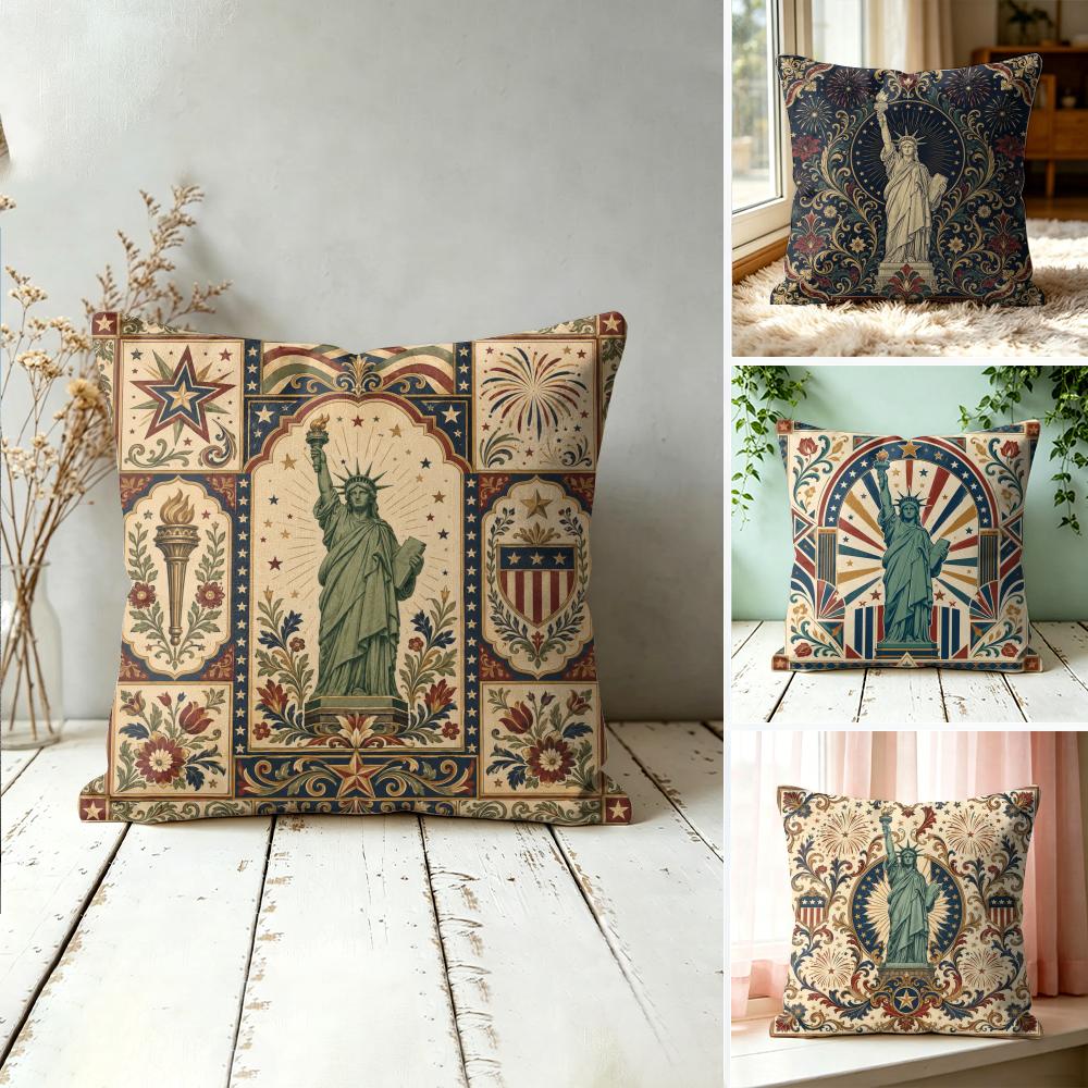 Patriotic Statue Of Liberty Cushion Cover Double-Sided Plush Sofa Cushion Covers Organic Breathable Invisible Zipper