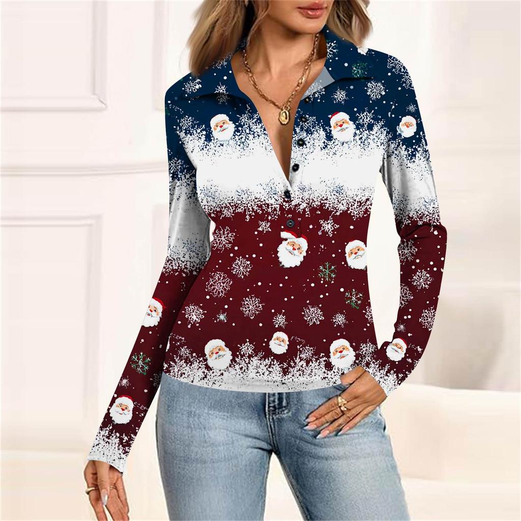 Damenmode Lässig Bedrucktes V-Ausschnitt Langarm Knopfleiste Oberteil