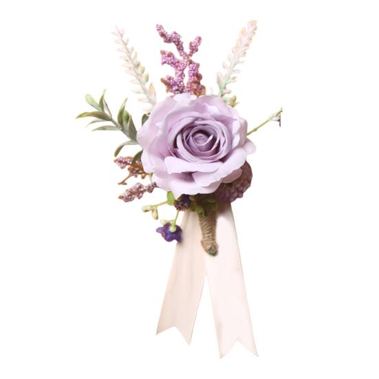 European White Rose Boutonniere & Wrist Corsage Set Artificial Silk Corsage фиолетовый