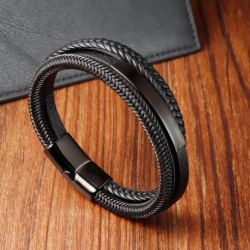 Men's Black Leather Bracelet Stainless Steel Double Layer Braided Wristband Fashion Handmade Cowhide Rope Jewelry Accessories