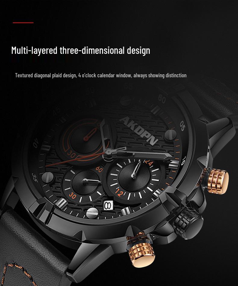 AKDPN Men's Multi-Function Chronograph Quartz Watch with Leather Strap