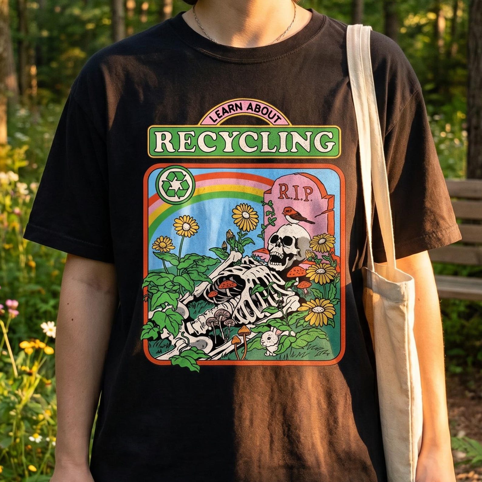 Recycling Skeleton Shirt, Retro Nature Art, Rainbow Skull Garden Graphic Tee M