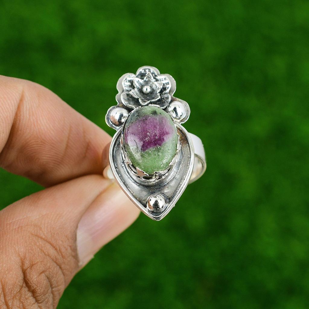 Natural Ruby Zoisite Stackable Flower Adjustable Ring 925 Silver For Women
