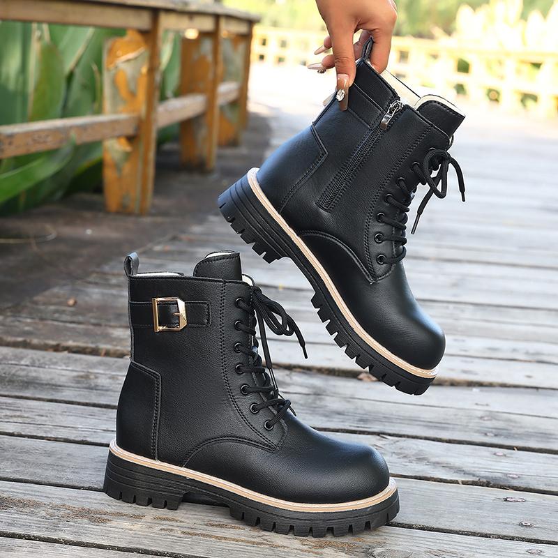 

Модные черные ботинки на платформе для мотоцикла женские шнуровка теплые ботильоны из короткого плюша женские с пряжкой на толстой подошве из искусственной кожи боты 42 42