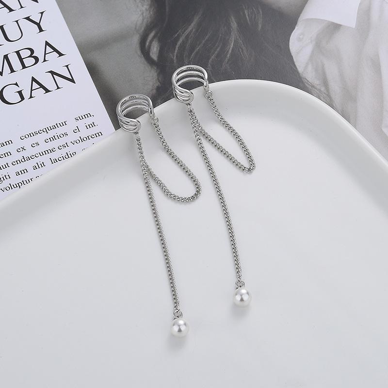Pearl Chain Fringed Ear Bone Ear Clips Female Round Face Thin Long Ear Bone Clips No Ear Piercings Earrings Autumn