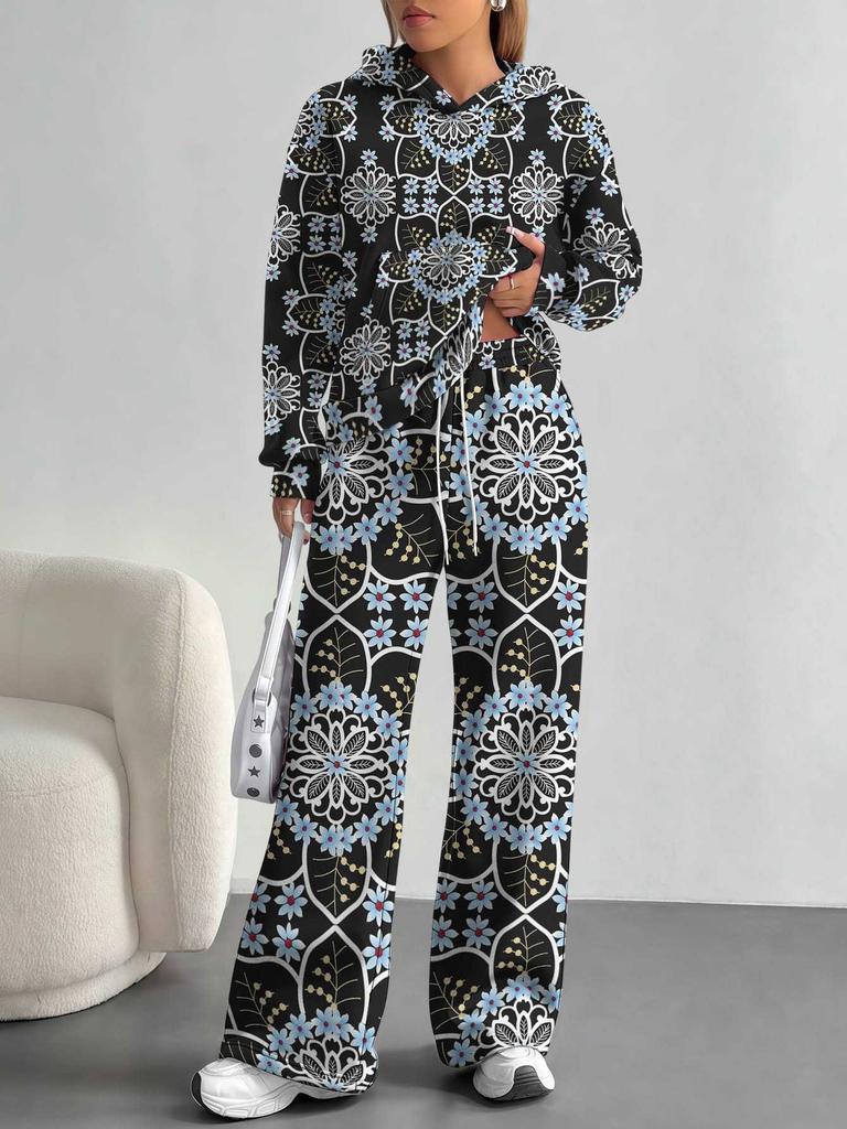 Broken Flowers European And American Autumn And Winter Casual Long-Sleeved Suit Women'S Hooded Sweater Trousers Two-Piece Set
