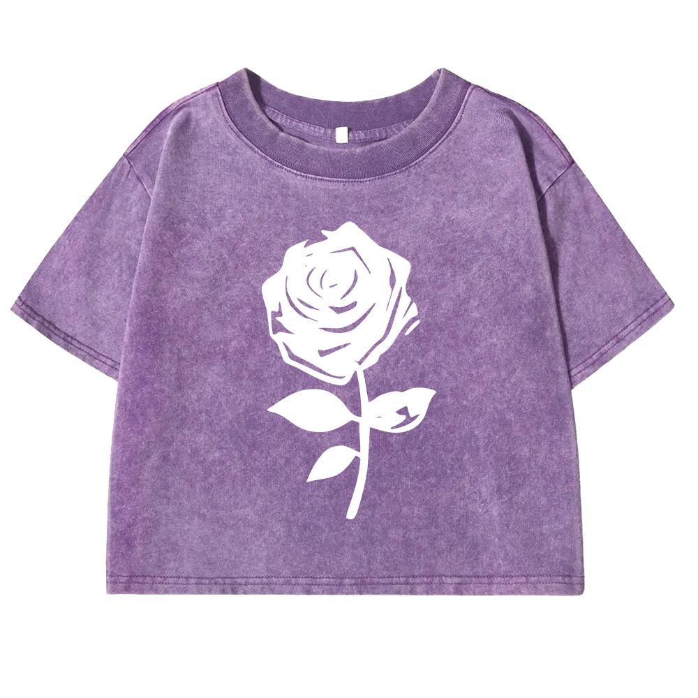 Simple Black And White Rose Print Women Retro Tee Washed Soft Short Sleeve Fitness Summer Streetwear New T Shirts