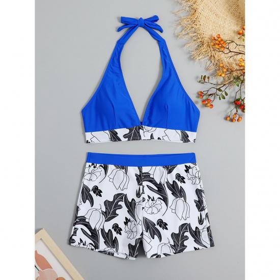 Swimsuit Women's Deep V Neck Split High Waist Flat Angle Lace Up Print Solid Color Swimwear