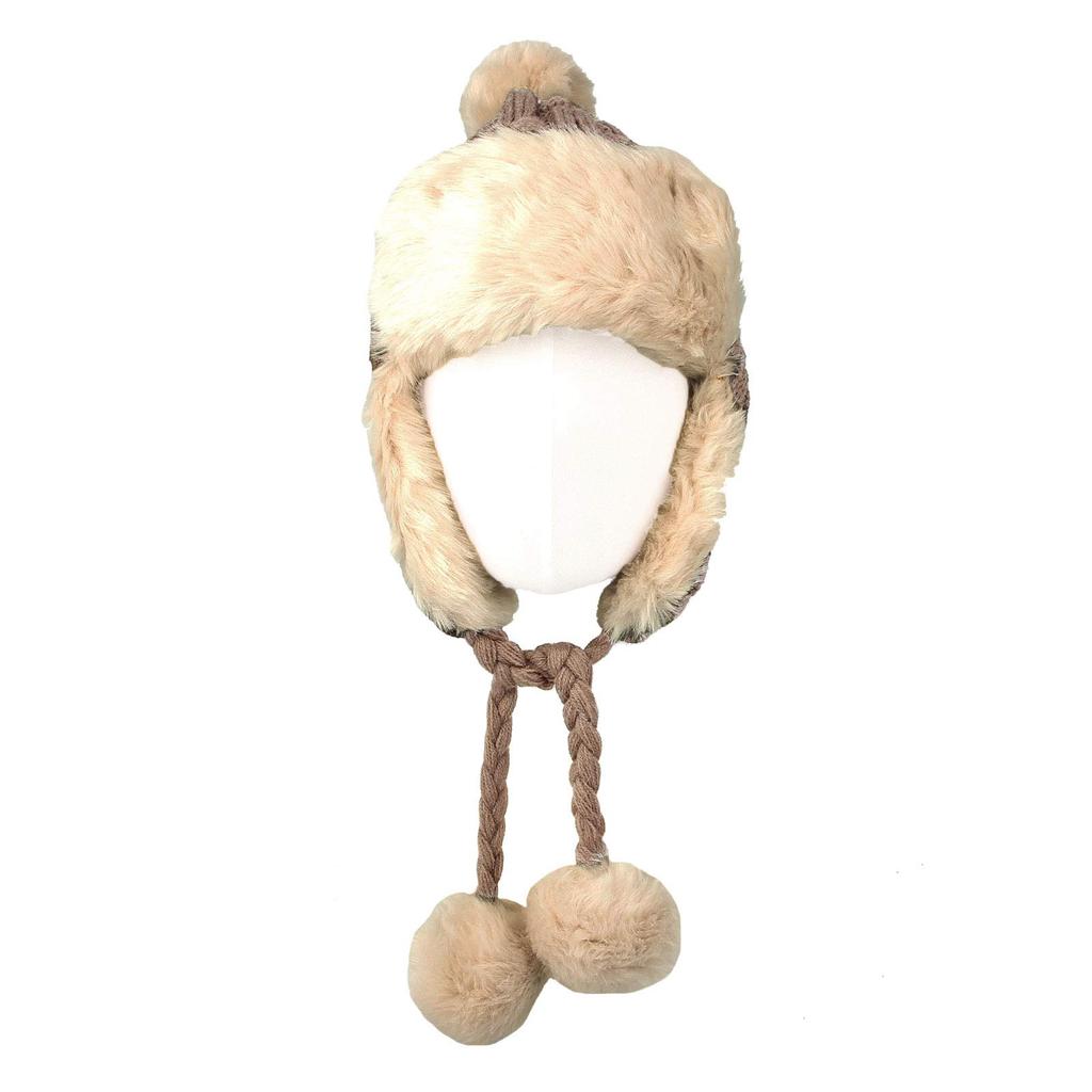 With Moons FZ70022 (Brown) Warm Winter Knit Hat with Earflaps and Pompoms, Woven-Look Design, Fur Lining