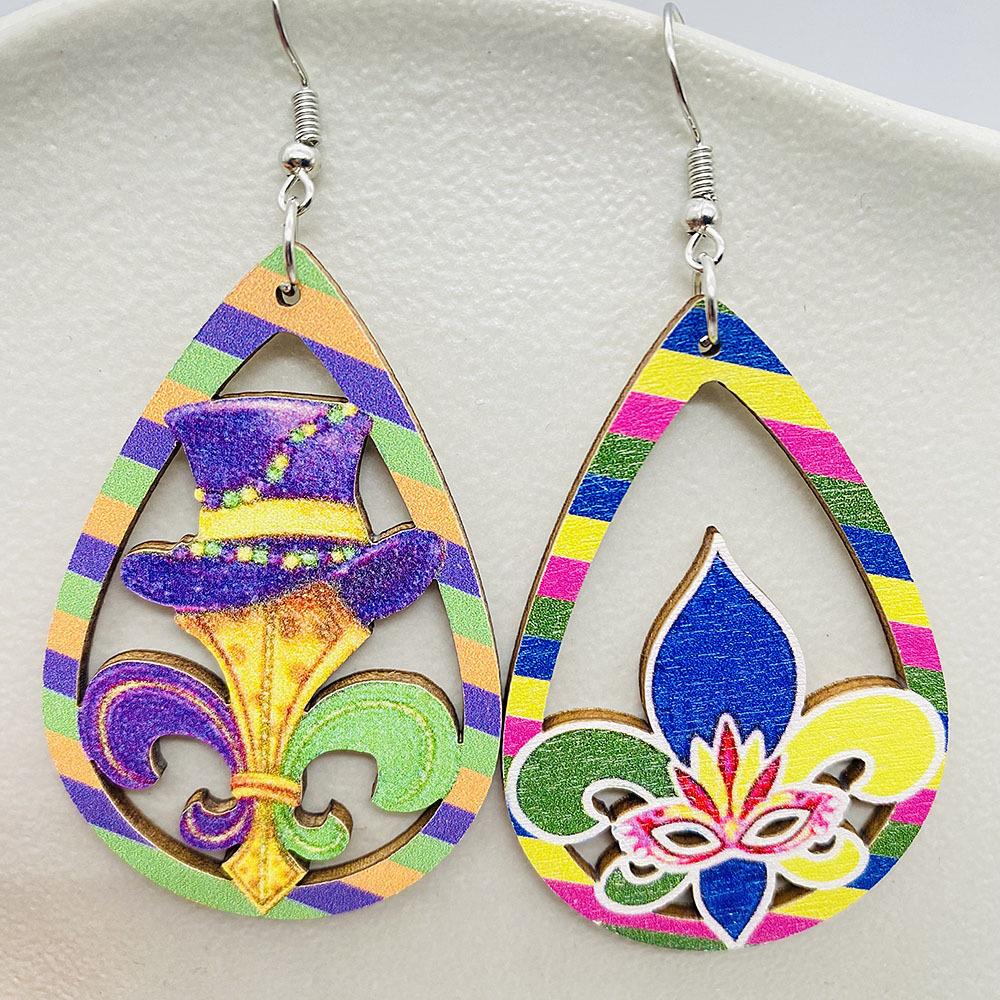 Ohrringe Karneval Bunter Festival Schmuck Übertriebene Maske Wassertropfen Hohl Holzohrringe