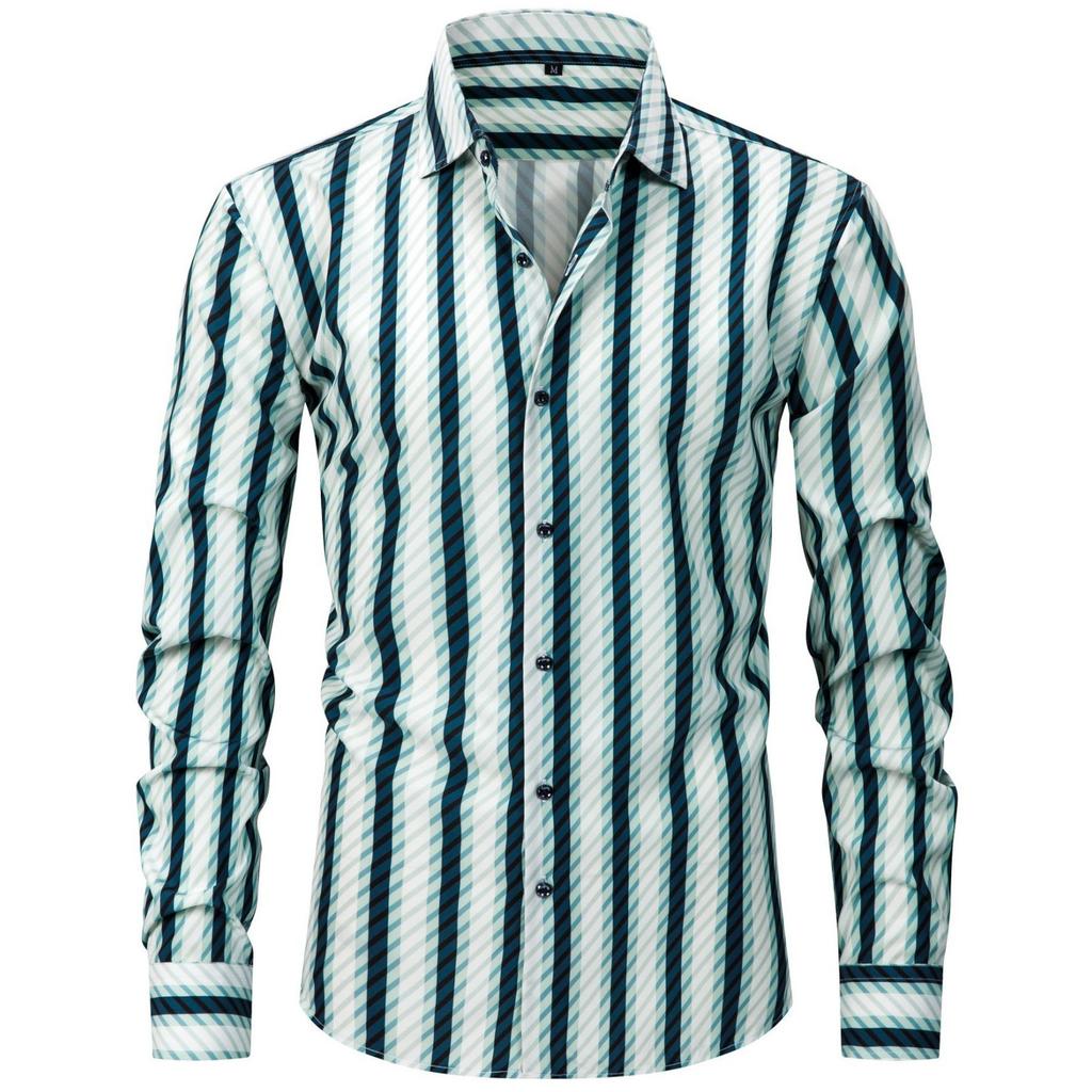 Herren Großgröße Elastisches Kariertes Gestreiftes Langarmhemd, Herren Digital Bedrucktes Hemd mit Leichtem Knopfverschluss und Eckkragen