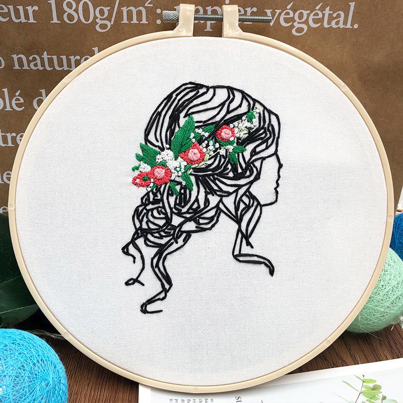 1pc Women's Hair and Flower Pattern Embroidery DIY Fabric Craft Kit Creative Craft Sewing