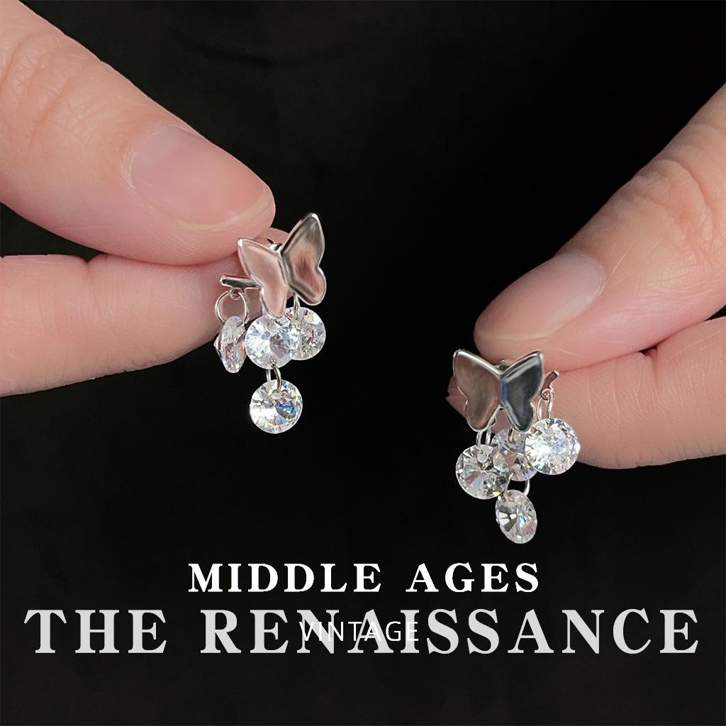 Wind Super Immortal French Butterfly Zircon Tassel Earrings Fashion One Two-Wear Earrings