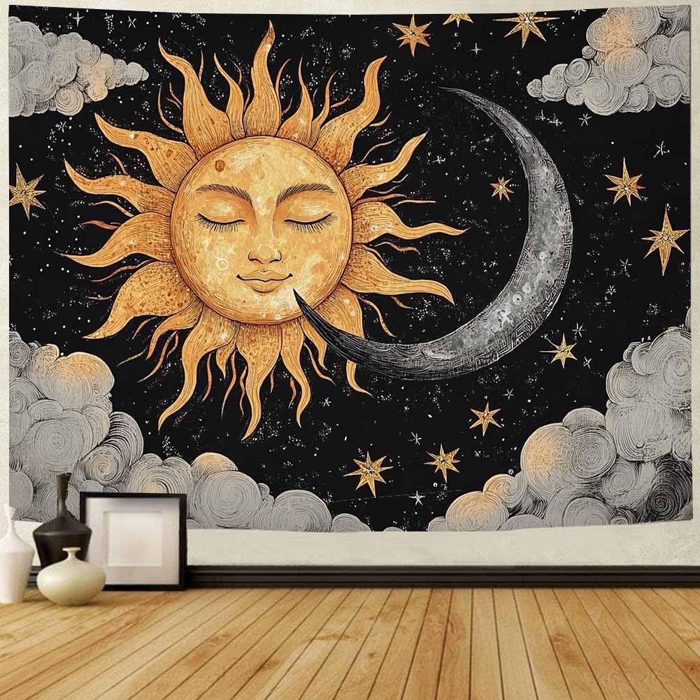 FENDROM Black Tapestry Boho Sun and Moon Psychedelic Tapestry Hippie Clounds Starry Night Vintage Aesthetic Tapestries Wall Hanging for Bedroom Living 100X70CM