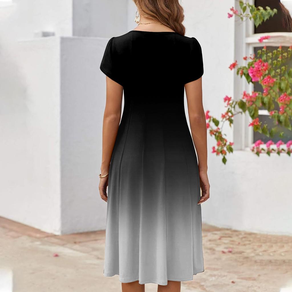 Women's Casual Fashion Round Neck Printed Short Sleeve Pocket Dress