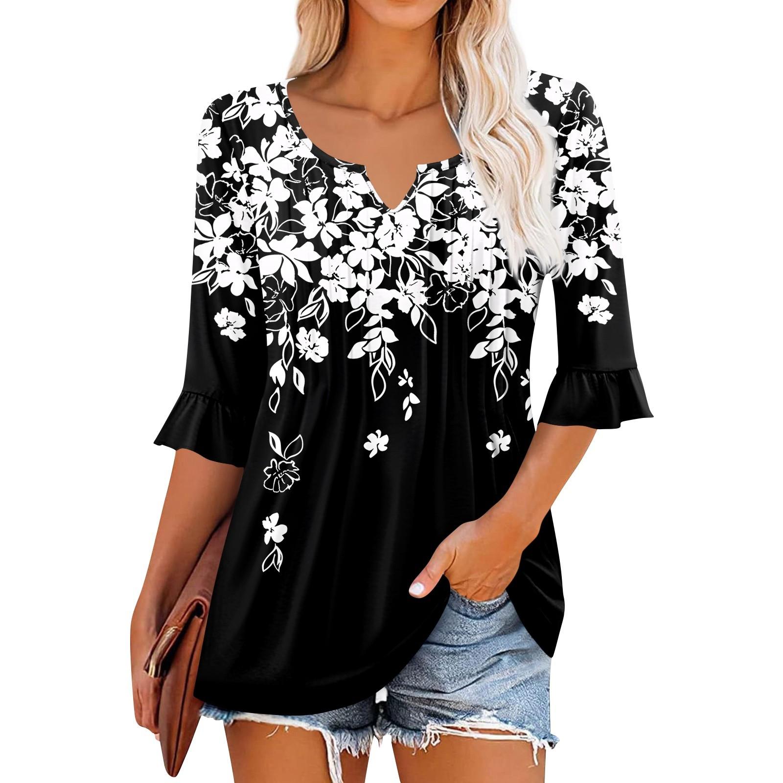 

Жіночі топи з рукавами 3/4, повсякденні футболки з рюшами та V-подібним вирізом, робочі блузки, нарядні туніки XL білий