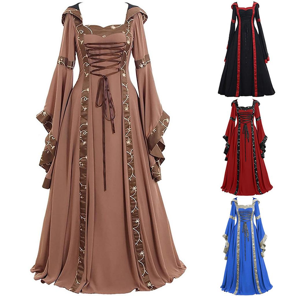 Witch Halloween Cosplay Plus size Women Medieval Gothic Hooded Maxi Dress Victorian Party Formal Gown Renaissance Steampunk
