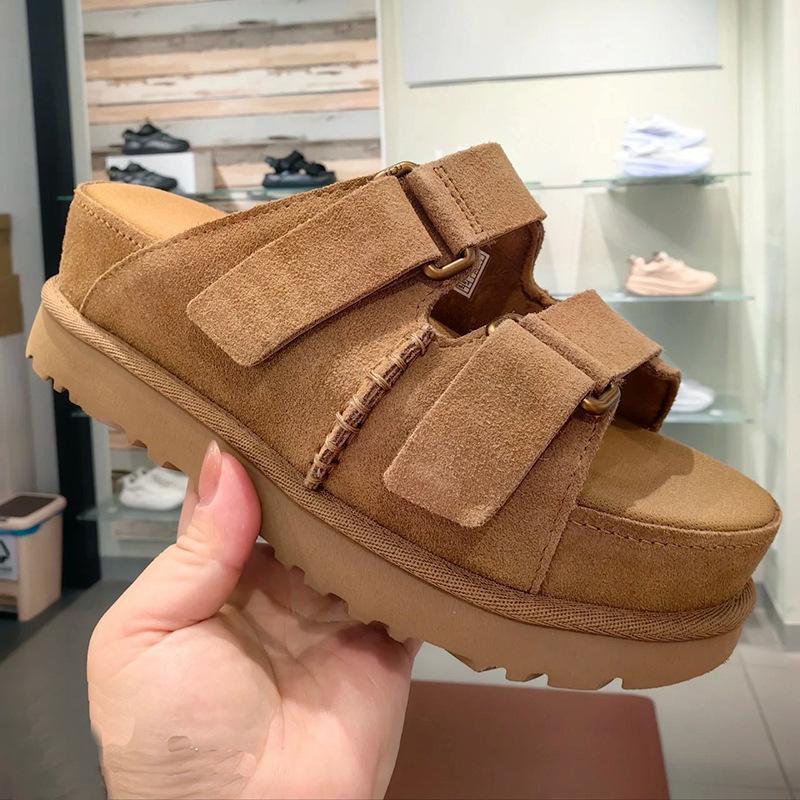 Neue Damen-Plateausandalen für den Sommer 2024: Schnallen, Echtleder, für draußen, mit Absatz, offener Zehenpartie, Muffin-Lederpantoffeln