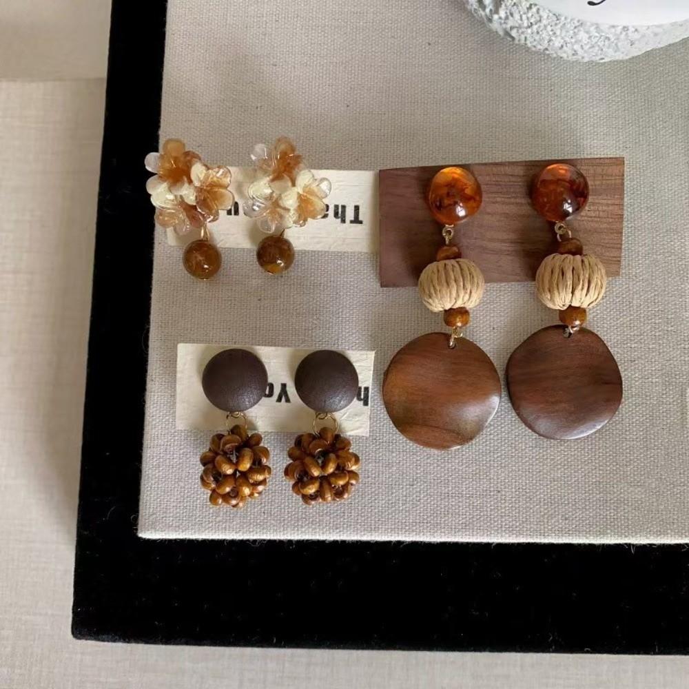 Brown Wooden Drop Earrings Flower Beads Dangle Earrings New Woven Tassel Earrings Beach