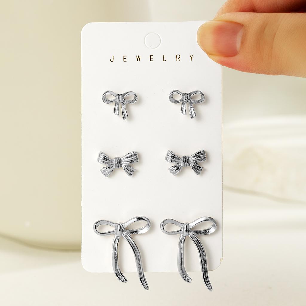 3 Pairs of Fashionable and Elegant Three-dimensional Bow Earrings, Multi Piece Set of Alloy Women's Earrings