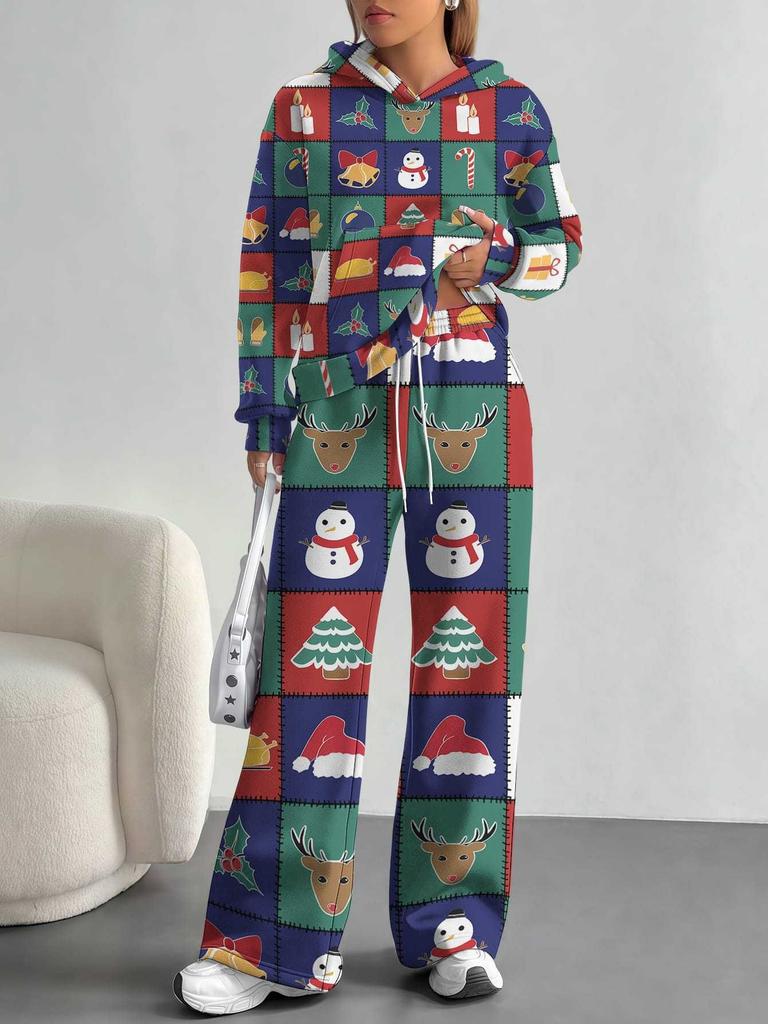 1116 European and American Autumn/Winter Casual Color Patchwork Long-Sleeve Set, Women's Hoodie and Long Pants Set