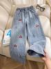 Single Piece Girls' Cherry Embroidered Elastic Waist Wide Leg Jeans, Loose Casual Jeans, Fashionable and Versatile