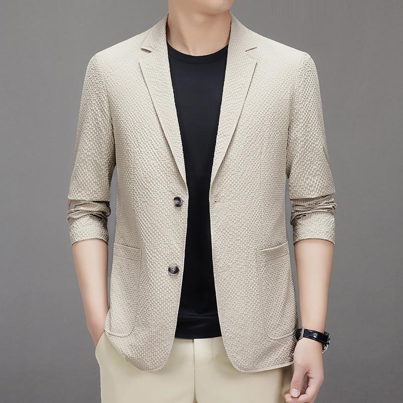 

Весенне-летний однослойный эластичный костюм из сирсакера, мужская корейская версия, облегающий повседневный молодежный костюм без необходимости глажки 4XL