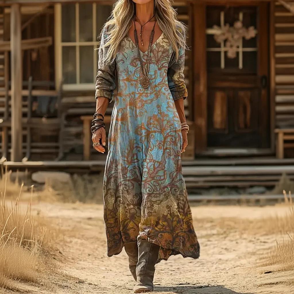 Women's Vintage Ethnic Floral Print Long Sleeve Dress Bohemian Vacation Beach Maxi Dress with V Neck and Relaxed Fit