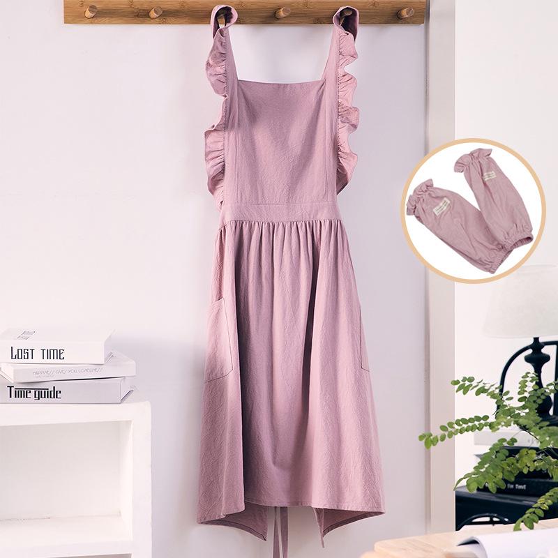 Lotus Leaf Lace Cotton Linen Apron with Printable Logo - Japanese Korean Style for Kitchen or Cafe Use