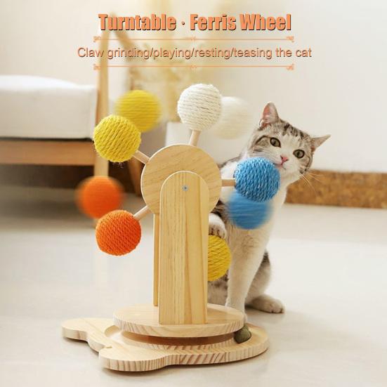Ferris Wheel Cat Toy 2-in-1 Interactive Rotating Toy with Ball Track Solid Wood Turntable Wheel Toy with Scratching Sisal Balls for Indoor Cats