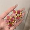 Vintage Style 3D Pink Rose Stud Earrings - Elegant High-End Design for Women