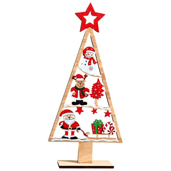 Christmas Tree with Pendants Wooden Tabletop Decor, Hollow Xmas Ornament, Farmhouse Vintage Style Decor Desktop Centerpiece for Holiday Party