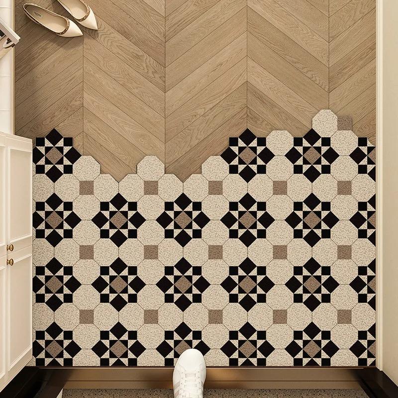 Retro Geometric PVC Coil Doormat Cuttable Anti Slip Entrance Door Mat Dirt Sand Trapping Shoe Scraper Floor Rug