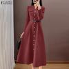 Women Casual V-Neck Solid Color Long Sleeve Elegant Dress