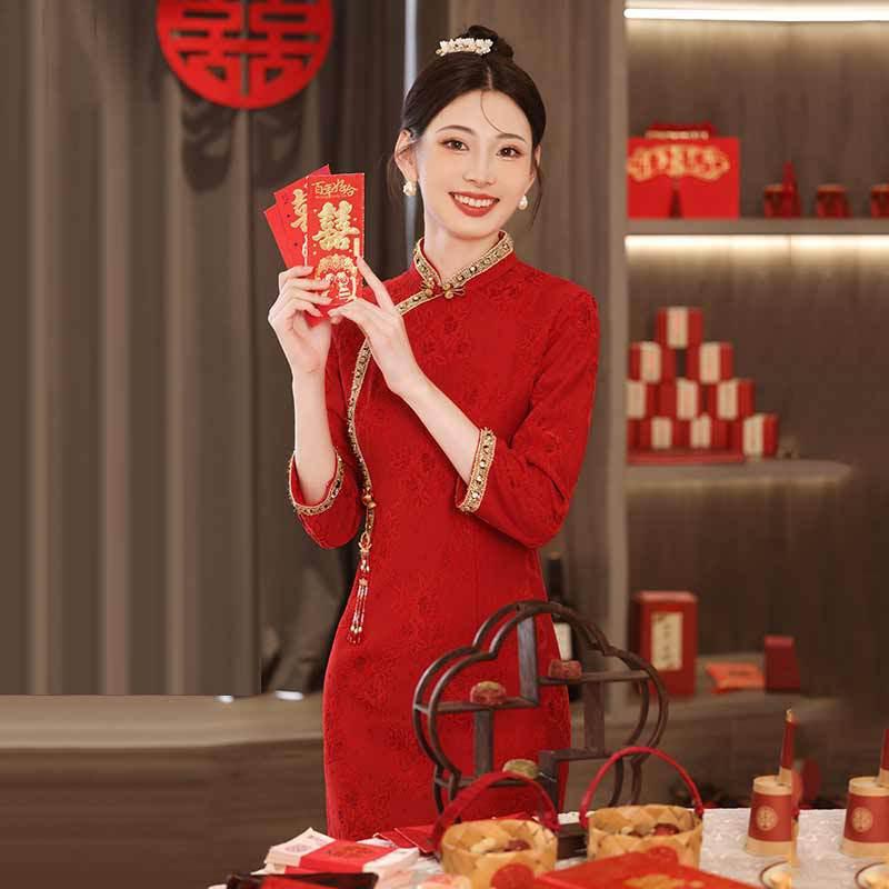 Elegant Red Modern Cheongsam Dress Women Long Sleeve High Neck Vintage Style Wedding Guest Outfit