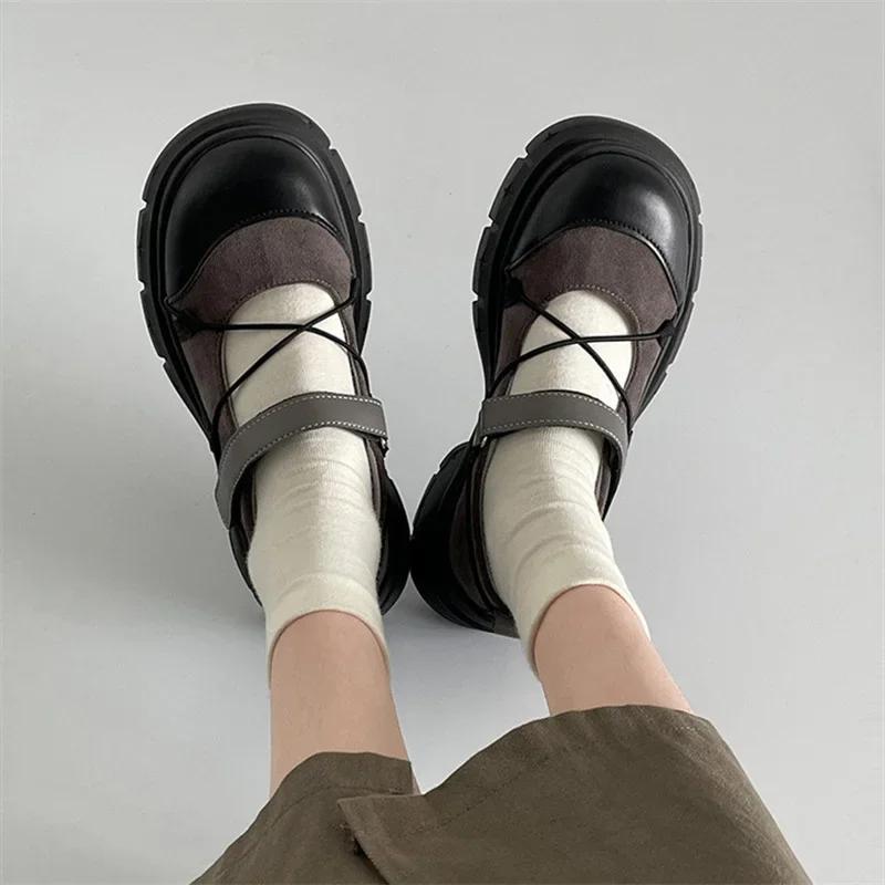 Fashion Round Toe HOOk&LOOP Mary Janes Women Shoes Non-Slip Thick Bottom Ladies Shoes Retro Height Increasing Casual