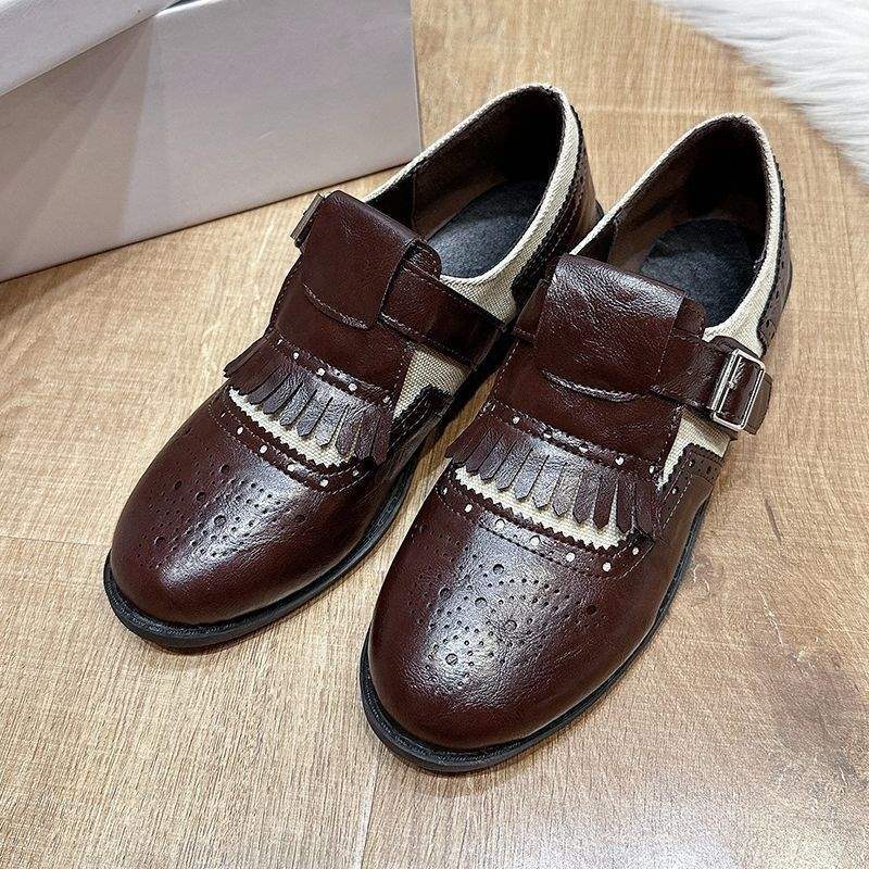 

Soft leather version~ engraved Brock small leather shoes women s horse leather British style retro round head thick heel fringed Munch single shoes 42 темно-коричневого