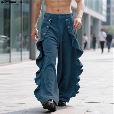 Autumn Winter Men High Waist Solid Color Ruffled Casual Corduroy Long Pants