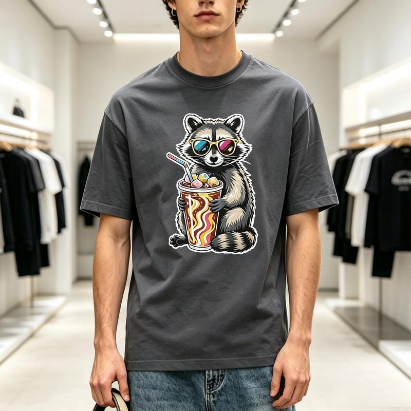 American Cartoon Pop Art Cool Raccoon Sunglasses Iced Coffee Graphic Crew Neck T Shirt Unisex Unisex Unisex Cotton Short Sleeve Top