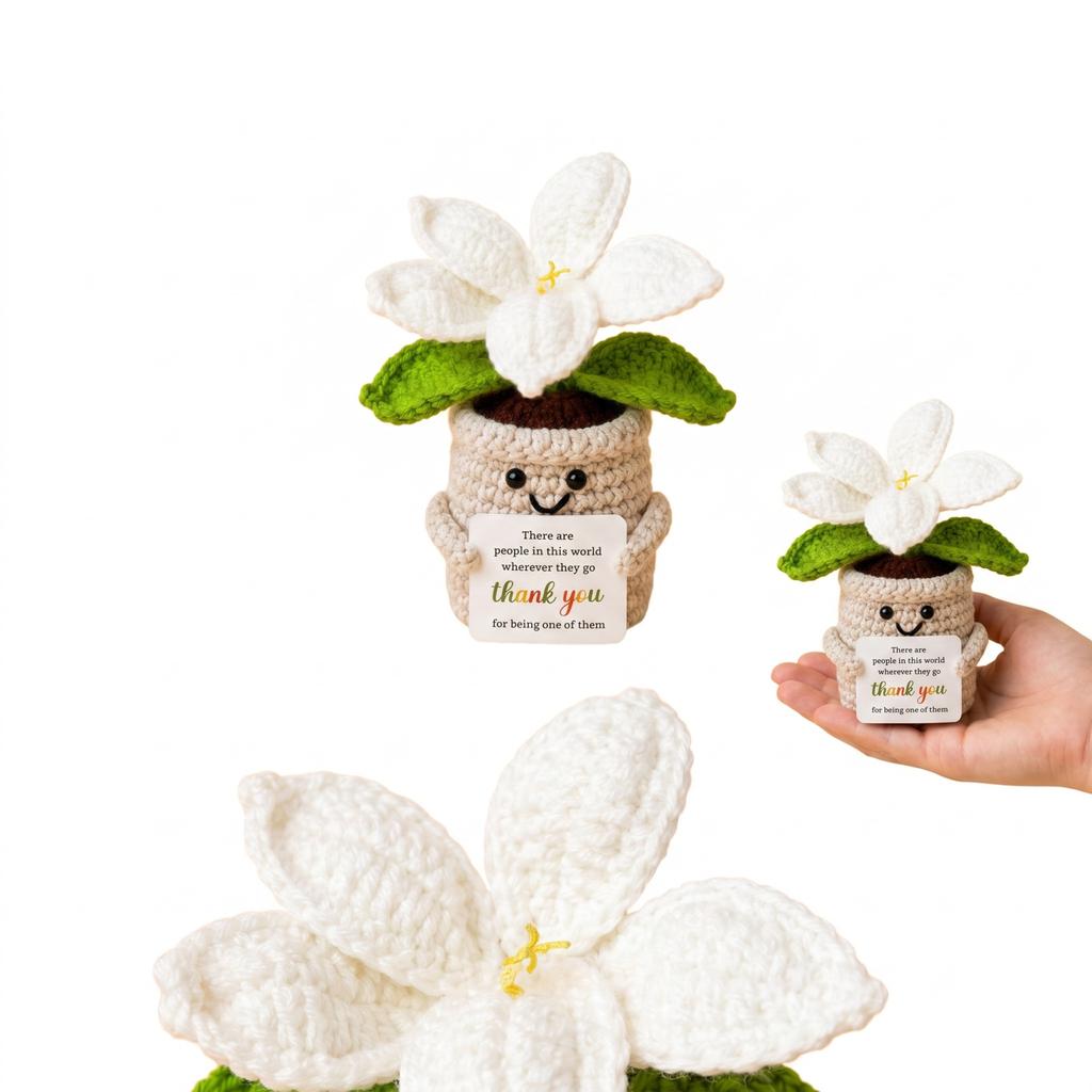 Hand Knitted Bouquet in Pot with Uplifting Sentiment Card - Artificial Plant Home Decor
