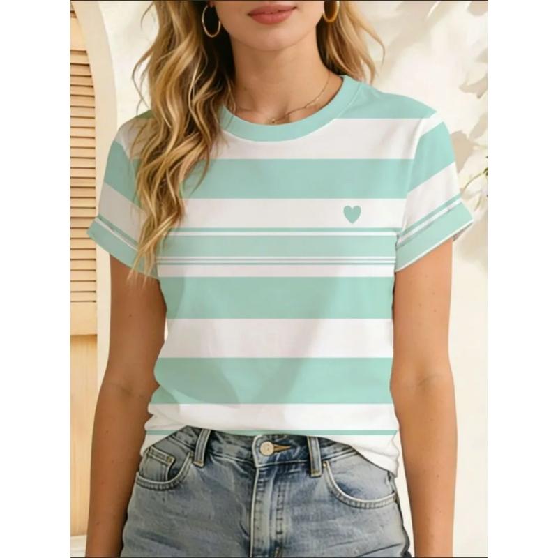Modisches Damen Rundhals Kurzarm 3D Gestreift Farbprint Gestreiftes Kurzarm Rundhals T-Shirt