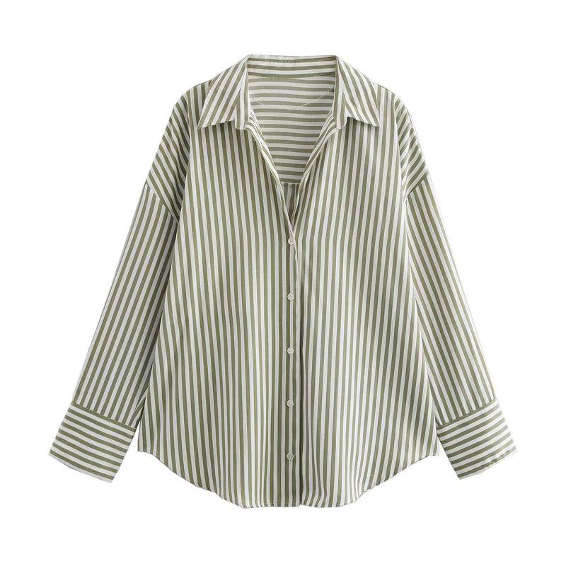

Kaslead Long Sleeves Loose Stripes Poplin Shirt Green Stripes L