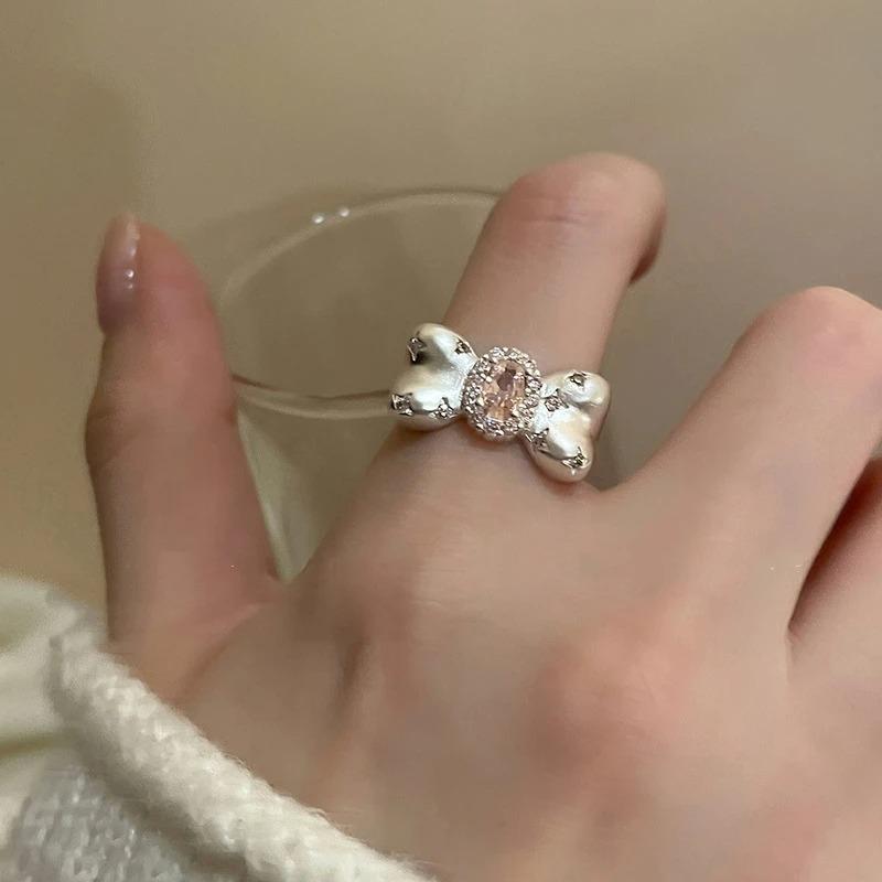 Cute Pink Zircon Bowknot Rings for Women Girl Y2K Egirl Aesthetic Zircon Trend Sweet Korean Zircon Gifts Fashion Accessories