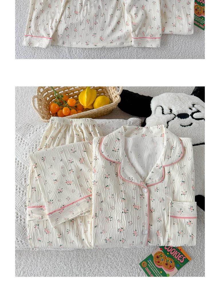 Women's High-End Crinkle Fabric Pajama Set - Long-Sleeved, Long Pants, Autumn Cardigan, Sweet Floral Pattern, Suitable for Outdoor and Home Wear.