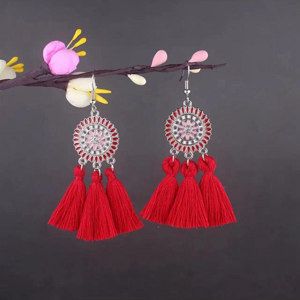 Bohemian Turquoise Owl Dream Catcher Tassel Earrings for Women